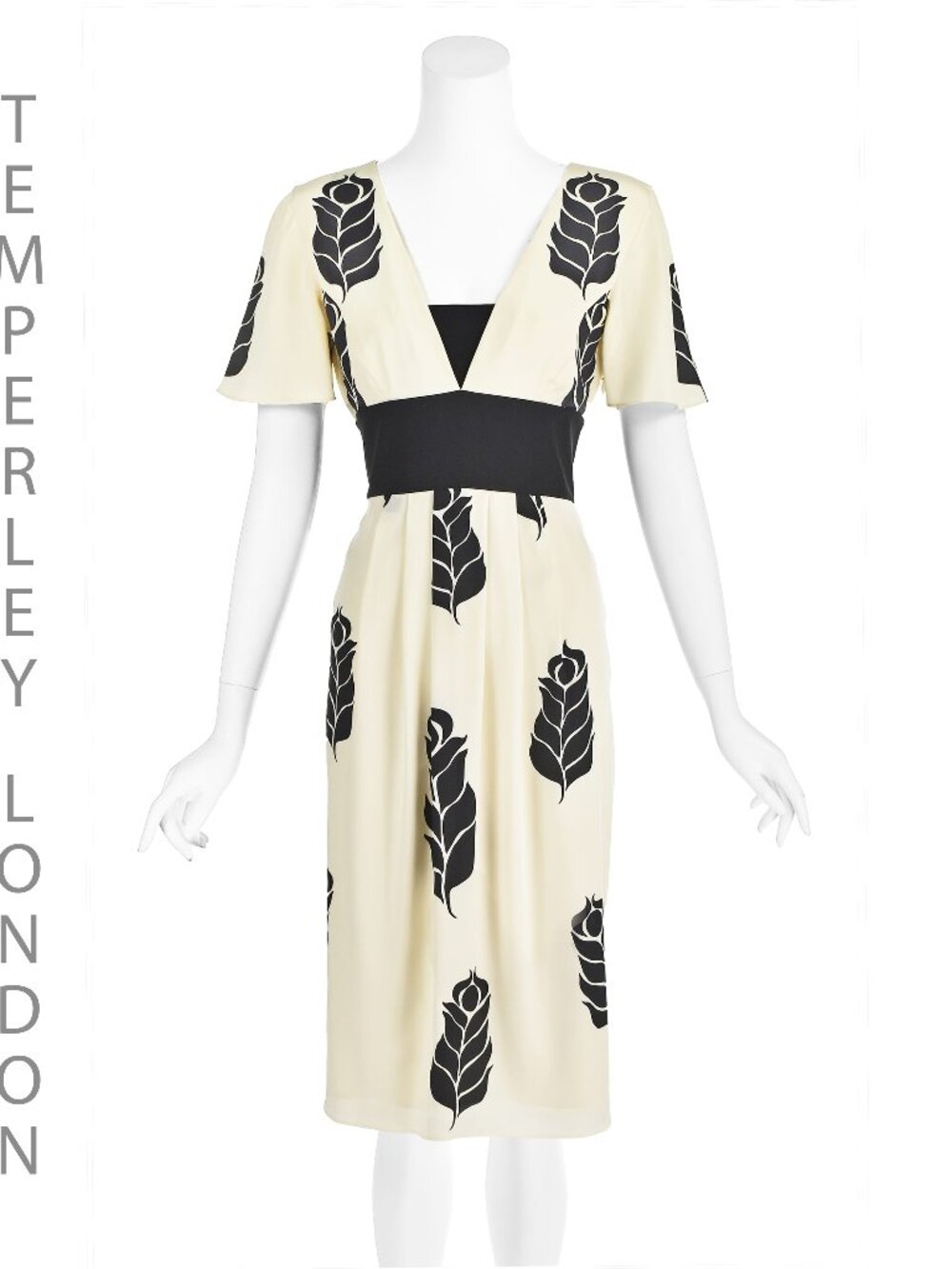 TEMPERLEY LONDON Ivory Silk Midi Dress w/Black Floral Print. SZ 8